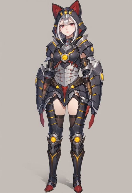 (score_9:0.9),score_8_up,score_7_up,rating_safe,anime style,(zPDXL),<lora:Almudron armor ponyXL v1:0.73>,solo, 1girl, full body, white background, simple background, standing, looking at viewer, red eyes, black gloves, black cat hood, white hair, almudron armor, black thigh armor, full armor, black knee boots, black claw gauntlets