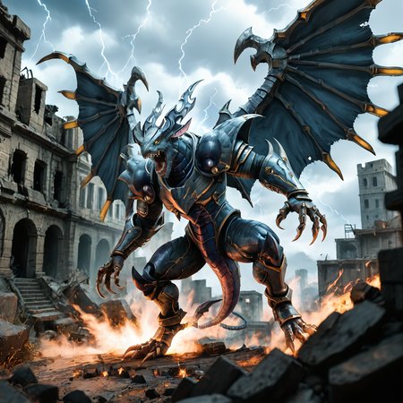 , score_9, score_8_up, score_7_up,  rating_safe,solo,no humans,dragon,dorugoramon,horns,yellow eyes,wings,tail,claws,open mouth,teeth,roaring,motion lines,spread_wings,fighting stance,outdoors,buildings,ruins,rubble,cloudy,storm,yellow eyes.lightning,photo,realistic,cinematic,HDR,DLSR,film grain,85mm lens, shallow depth of field, highly detailed, cinematic composition,<lora:DORUgoramonPony:0.95>