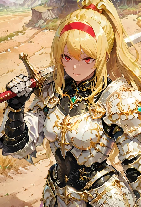 1girl, solo, anime coloring, anime artwork, unholy-aesthetic, masterpiece, best quality, newest, absurdres, highres, safe, CG, cinematic lighting, natural shadow, highest detail, detailed background, intricate scenery, depth of field, insane details, intricate, subsurface scattering, very aesthetic, serene atmosphere, artistic rendering, dramatic contrast, luminous elements, soft painterly texture, striking visual design, finely detailed face, beautiful face, <lora:kaelaIL:0.55> kaelaIL, long hair, red eyes, (yellow hair:1.5), red hairband,
dynamic angle, cinematic angle, from side,
1girl, solo, kind smile,
walking, meadow, twilight, road, dirt road,
<lora:hina_MixArmor_x215c:0.9> (fantasy armor, gauntlets, shoulder armor, bodysuit, fantasy white armor, ornate lace, extreme detailed ornate armor, diamond girdle, gemstone choker:1.5),
<lora:WidePonytailV3-IXL:1> wide high ponytail, long hair, wavy hair,
<lora:748cmSDXL:0.45> 748cmstyle,
<lora:ILLMythP0rtr4itStyle:0.7> mythp0rt,
<lora:sword-over-shoulder-illustriousxl-lora-nochekaiser:1> (sword over shoulder, weapon over shoulder:1.5), sword, grin
