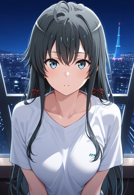 (Best quality , 8K , masterpiece) , Best illustration , Yukinoshita Yukino, 1girl, medium breasts, white t-shirts, ((looking for viewers)), tower, night