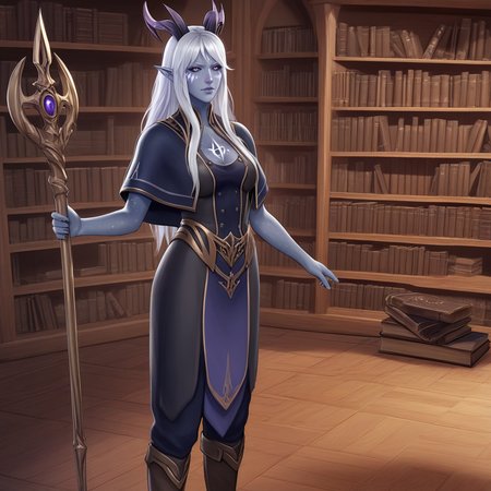 score_9, score_8_up, score_7_up, professional 3d render of aara, female, long hair, colored skin, grey skin, facial mark, horns, bangs, pointy ears, capelet, chest tattoo, side breasts, boobs, female body, belt, skirt, dress, boots, he's standing by a library, in an elven palace room, fantasy genre, bookshelves in the  background  <lora:Classic Fantasy:0.25> FANTASY, CLASSICFANTASY,  CLASSICFANTASY ART, <lora:fantasy_world_pony:0.25>  <lora:AaravosPonyLora:0.8> holding a staff