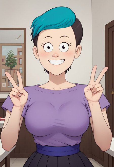 ((room background)),score_9, score_8_up, score_7_up,score_6_up, 
1girl, solo, Celia_RS, light skin, black eyes, short hair, black hair shaved sides, hair teal fringe, purple t-shirt with a round neck, blue violet sash belt, black pleated skirt, long white socks, brown shoes, big eyes, tall stature, social smile, perfect eyes, perfect smile, looking at the viewer, detailed eyes, perfect eyes, standing, big breasts (front pose, bust shot, close up to face, face portrait:1) five fingers, perfect hands, hands sign peace