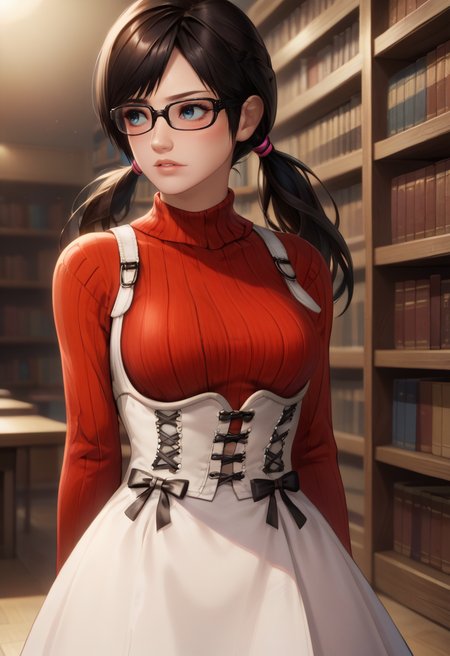 score_9, score_8_up, score_7_up, best quality, intricate details, source anime, rating explicit BREAK 1girl,
<lora:Kokoro_doa_v04-12:1.0> kokoro_doa, brown hair, long hair, black hair, blue eyes, low twintails, white corset dress, red ribbed sweater, glasses,  suspenders, 
detailed face, looking away, blush, parted lips, cowboy shot, arm behind back, library,