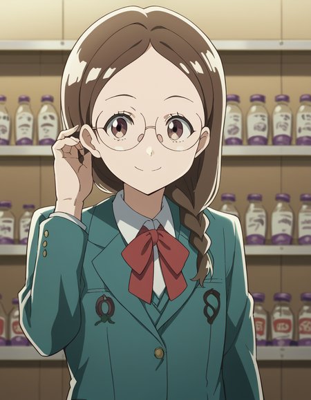 score_9, score_8_up, score_7_up, source_anime, <lora:megumi-takahashi-s1-ponyxl-lora-nochekaiser:1>, megumi takahashi, long hair, brown hair, brown eyes, braid, glasses, hair over shoulder,, school uniform, jacket, blazer, ribbon, red ribbon, green blazer, shirt, white shirt, collared shirt, skirt, pleated skirt, grey skirt,, flower shop, flowers, shelves, arrangements, smile, <lora:tucking-hair-ponyxl-lora-nochekaiser:1>, tucking hair, adjusting hair, hand on own hair, hair behind ear,, looking at viewer, solo,, dutch angle, cowboy shot