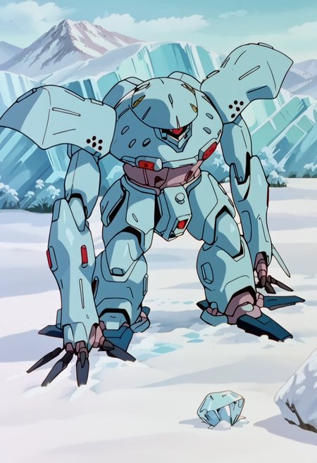 score_8, score_8_up, score_7_up, AWGXS, anime screenshot, retro artstyle,1990s (style), cel animation BREAK 1mech, mech focus, solo, hygogg, blue_hygogg_armor, red monoeye, ice, snow, Antarctica background