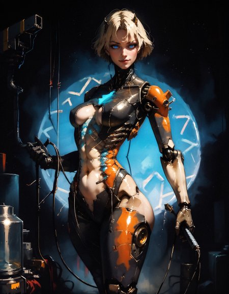 score_9, score_8_up, score_7_up, score_6_up, score_5_up, score_4_up,  cyborg woman, big ass, side view, curvy, perfect curves, (suspender tights:1.2), (open sides, exposed hips, hip cutouts, side cutouts:1.3), (mechanical parts, wires, mechanical joints, titanium:1.2), black, gorgeous woman, cute face, intense, mistress, dominatrix, holding whip, garter belt, navel, sexy, short hair, blonde hair, bangs, wide hips, golden necklace, shiny skin, bend forward, pose, smiling, (blue neon slit lights on ribs:1.1), looking at viewer