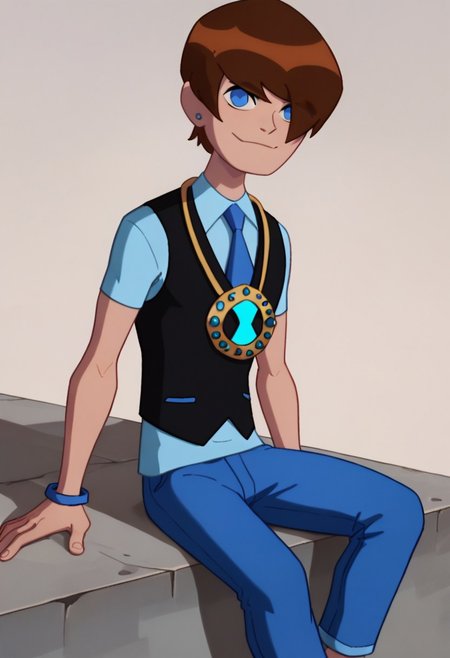 score_9, score_8_up, score_7_up, masterpiece, best quality, amazing quality, best aesthetic, ,absurdres,intricate details,Ben23,1boy,solo,brown hair,short hair,blue eyes,jewelry,blue shirt, short sleeves,black vest, blue necktie,pants,smile,closed mouth,sitting,hair over eye