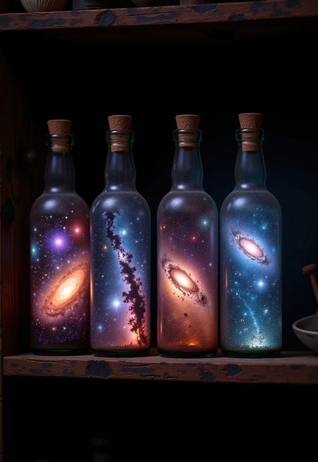 aidmaimageupgrader, a high quality digital image of a series of old and dusty bottles sit on an old wooden shelf within a dark long forgotten dusty old room. Each bottle is completely filled with a different intricately detailed galaxy, each galaxy is bright and vivid and we see a variety of stars, nebulae and galactic dust