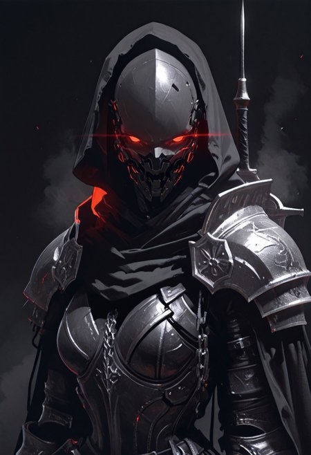 dmsty, masterpiece, best quality, amazing quality, absurdres, newest, ultra-detailed, close-up, upper body portrait, female knight, dark fantasy armor, eerie atmosphere, imposing pauldrons, gothic aesthetic, high contrast, dramatic lighting, deep shadows, battle-worn metal, intricate engravings, mysterious expression, glowing red eyes, cinematic composition, dark environment, moody background