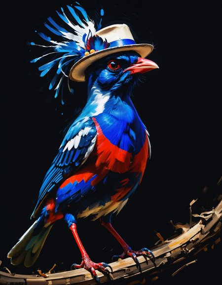 zavy-ngtvpnt, painting, High exposure of a slender Guatemalan Sri Lanka Blue-Magpie of Light, 😍, it is dressed in Pork pie hat, Sharp and in focus, Low shutter, Saturated, exquisite color, excellent composition, highly enhanced, beautiful detailed, epic, magical composition, best, luxury