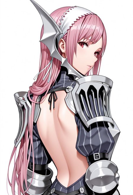 masterpiece, best quality, crimsonj-girl.fightil, 
  1girl, Cherche, long hair, pink hair, hairband, red eyes, armor, breastplate, shoulder armor, backless outfit,
looking at viewer, smilling,
  Simple background,  perfect anatomy