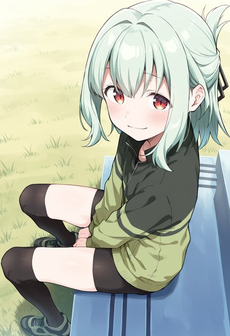 <lora:otoritanillustr:1>, 1boy, trap, side locks, medium hair, light green hair, red eyes, otoritan1,
green jacket, multicolored jacket, black bike shorts, black stockings, shoes,
solo, smile, looking at viewer, sitting, grass, blush, closed mouth, from above , side view,
masterpiece,best quality,amazing quality,