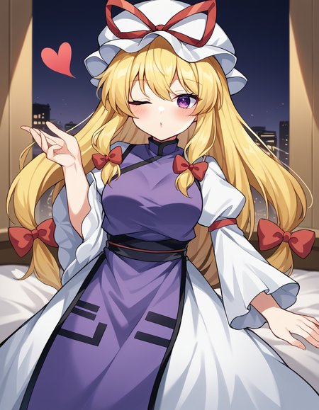 score_9, score_8_up, score_7_up, source_anime, <lora:yukari-yakumo-ponyxl-lora-nochekaiser:1>, yukari yakumo, purple eyes, blonde hair, sidelocks, long hair, hair bow, bangs, multiple hair bows,, dress, hat, hat ribbon, juliet sleeves, layered dress, long sleeves, mob cap, puffy sleeves, purple tabard, tabarad, white dress, white hat, wide sleeves, ying yang, yin yang print,, skyscraper, tall, glass, modern, building, , <lora:blowing-kiss-ponyxl-lora-nochekaiser:1>, blowing kiss, pucked lips, heart, one eye closed, o3o, hand up, bed room, bed, blush, cowboy shot, dutch angle,, looking at viewer, solo,, dutch angle, cowboy shot