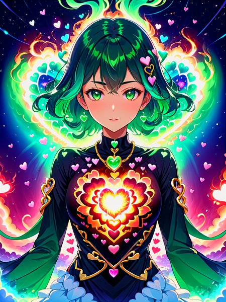 yamer_passione, heart, upper body, Futuristic utopia, Adventure, Aether, Kraken, Nebula, Verdant, Canvas, Spontaneous Human Combustion, by Alex Ross and Makoto Shinkai, close up, (lavish, masterful, beautiful:1.4), poster art, Voyage, Lovely, solo, jewelry, necklace, upper body, gradient background, gradient, (cartoon style, anime style), <lora:Passione:1>
