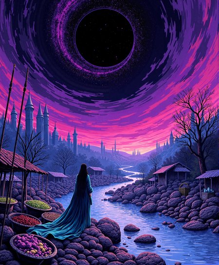 DB4RZ style painting, 　ancientstyle, ne0nfant4sy, iphone photo, A surreal, abstract digital landscape stretches before us, where a glitched market looms under a vast, purple and black sky. The medieval merchant lady stands at the market's edge, her teal and blue scales shimmering in the eerie glow. The market, fragmented and distorted, pulses with intricate dot and line patterns, casting hypnotic wavy shapes across the scene. Above, the void stretches endlessly, swirling with vivid, otherworldly hues that blend fluidly with the dark sky. The patterns and colors twist unnaturally, with vibrant psychedelic tones stark against the high-contrast, minimalistic background. Amidst this chaotic yet captivating scenery, the merchant lady gazes into the void, her figure framed by the surreal, flowing motion of the glitching world around her. The strange mix of the distorted market, the alien sky, and the tranquil yet eerie scene creates a visual both majestic and unsettling, where the familiar warps into the unknown in a mesmerizing display. (fluid motion: 2.5) (high contrast: 2.3) neon pulses cours masterpiece, best quality, 8k, intricate details, magnificent, celestial, ethereal, painterly, epic, majestic, magical, fantasy art, cover art, dreamy, in the style of umej1900