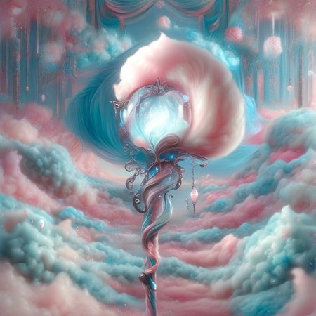 A surrealist close-up painting of a young elf, their lips cracked open as if split by time or thirst. From the cracked mouth, delicate strands of cotton candy begin to grow outward like flowering flesh. The elf's expression is calm, almost entranced, with pale, ethereal skin and glassy eyes. Background is abstract, hazy and dreamlike, resembling oil on canvas. Emphasize soft lighting, strange textures, and symbolism. Cotton candy is softly colored in pink and blue, floating unnaturally like a growing parasite.
Style tags: surrealism, close-up, oil painting, soft pastel, symbolism, hauntingly beautiful, dreamy textures, flesh and sugar, Dali-inspired
