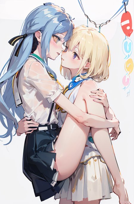 (suspended congress:2),best quality,masterpiece,absurdres,2girls,yuri,from side,facing another,
looking at another,hug,bare legs,PIXIV,<lora:style-ç¾åè±å¼yuri Lora:0.5:lbw=0,0,0,0,0,0,1,1,0,0,0,0,0,0,0,0,0>,
(blush:1.1),
ADDCOMM,
leg clamping,leg fold,thighs lift,(thighs raise up:1),
<lora:char-mygo_ä¸°å·ç¥¥å­togawa_sakiko_bangdreamitsmygo:0.7:lbw=0,0,0,0,0,0,0,0,1,1,1,1,0,0,0,0,0>,togawa_sakiko_bangdreamitsmygo,äºº-mygo-mygo_ä¸°å·ç¥¥å­togawa_sakiko_bangdreamitsmygo,embarrass,parted lips,shy,
yellow eyes,(black_ribbon:1.1),light blue hair,(ribbon:1.1),(hair_ribbon:1.1),long_hair,bangs,sidelocks,short socks,black loafers,miniskirt,frilled shirt,flat chest,
ADDCOL,
standing,
<lora:char-mygoä¸è§åè¯ Misumi Uika (Bang dream! Ave Mujica):0.7:lbw=1,0,0,0,0,0,0,0,1,1,0,0,0,0,0,0,0>,
misumi uika,bright blonde hair,purple eyes,elder sister,
shorter hair,white shirt,dark yellow skirt,short sleeves,bare shoulders,flat chest,