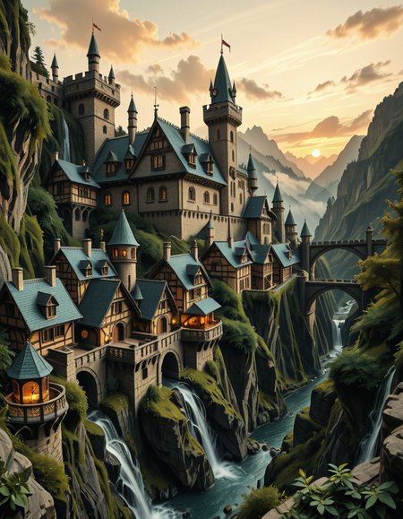 A breathtaking medieval fantasy city nestled in a lush valley, surrounded by towering mountains and dense forests. A grand castle with multiple towers and turrets stands atop a hill, overlooking the town below. The city consists of charming half-timbered houses with glowing windows, perched on rocky cliffs and connected by stone bridges over cascading waterfalls. The river flows through the village, reflecting the warm golden lights of lanterns and torches. Ivy and moss grow over the stone walls, adding to the enchanted, ancient atmosphere. The background features misty mountains with additional fortresses and watchtowers, partially hidden by low-hanging clouds. The sky is illuminated by a soft, warm sunset, casting a golden glow on the scenery, creating a perfect blend of realism and fantasy. Highly detailed, cinematic, and immersive, with a magical, fairy-tale ambiance.
<lora:SDXLFaeTastic2400:0.4> <lora:extremely_detailed:0.4> extremely detailed, ,medieval f4nt4sy c1ty <lora:medieval_f4nt4sy_c1ty-i:1>, Masterpiece,best quality,hi res,8k,hi res,8k,award winning,(sharp focus, intricate, highly detailed),