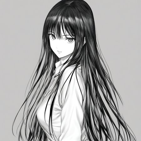 1girl, monochrome, greyscale, looking at viewer, black hair, long hair