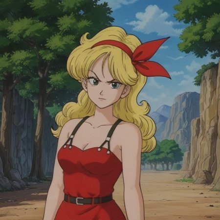 Outdoors, trees, blue sky, mountains, source_anime, source_cartoon, Thick outlines, 80s style anime filter, 
launch bad, blonde hair, long hair, curly hair, green eyes, red dress, fierce look,