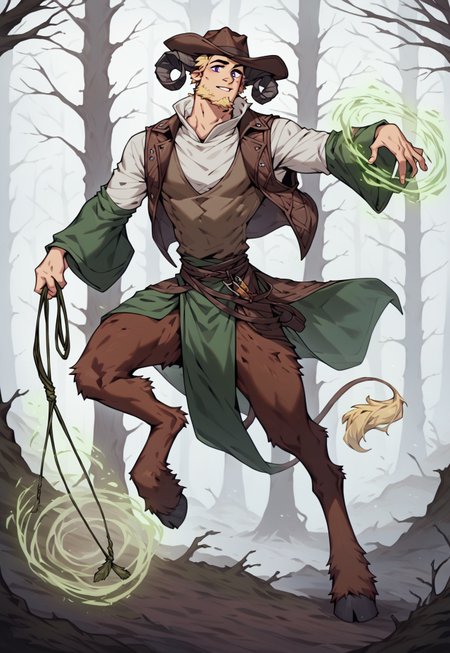 score_9_up, score_8_up, score_7_up, 1man, solo, extremely handsome, satyr, faun, (((long brown curled ram horns, ram horns))), 30yo, male focus, manly, dark royal purple eyes, <lora:PerfectEyesXL:1.0> perfecteyes, slight smirk, mouth closed, ((short straw blonde hair, clipped sides, sideburns, goatee)), very masculine human face with deep lines and creases, strong jawline with high strong cheekbones, chiseled chin, thin lean frame, slim lean body, light hairy arms, thick ram legs, hooves, ((1 lion tail with yellow tuft at end)), long goat ears, fur on legs, tan brown fur, (((country style clothing, high collar, wearing long dark green and dark brown robes with long wide sleeves, billowing dark green and dark brown robes, flowing dark green and dark brown robes, vested shirt under robes))), ((((dark green long wide oversized wizard sleeves)))), (((((wild west outlaws style, brown leather, wearing long dark brown vest,))))), ((((wearing dark brown large wide-brimmed cowboy hat,)))), cowboy, long flowing forest green loincloth of leaves, full body, tree roots, cinematic lighting, sunlit hazy woods of giant tree trunks with sunbeams, foggy sunlit forest of giant trees, ((action shot, right hand gripping single stranded green whip dragging ground, whipping ground)), ((left hand casting spell, runemagic, green magic spell)), leaning forward