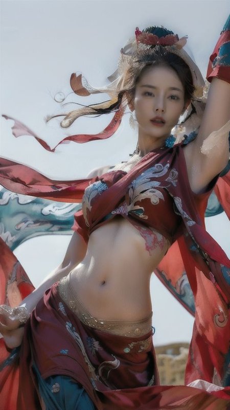 masterpiece,flirtatious ,seductive,RAW photo,photorealistic,ultimate quality,dramatic, Sharp focus, intricate details, OverallDetail, fFaceDetail, detailed face, (BadDream,UnrealisticDream:1.2),(cowboy shot:1.4),
(1girl, beautiful face, solo, sexy body, floating hair, outdoors, facing viewer, huge breasts, narrow waist, navel, thights:1.2),
(outdoors, castle)
<lora:dunhuangV3:0.8:lbw=CLOTHES>,(dunhuang,dunhuang_face,Chinese Dunhuang Flying Fairy,floating clothes,floating flower,pov legs,thighs,dunhuang clothes,hanfu,waist cape,strapless,navel,robe:1.6),<lora:zanhua_v1:0.5:lbw=NOFACE>,zanhua,hair ornament,<lora:ExoticDance:0.8:lbw=NOFACE> (exotic_dance,dancing:1.6)
<lora:迪麗熱巴Dilraba_V1:0.8:lbw=FACE>
<lora:perfection-style-SD1.5:0.9:lbw=ALL>, perfection style, <lora:detailed-style-SD1.5:0.5:lbw=ALL>, detailed style,<lora:Hand-v3-SD1.5:0.3:lbw=HAND> Hand, Perfect hand, Detailed hand<lora:foot-feet-style-SD1.5:0.3:lbw=BODY> foot feet style, Foot, Feet,  BadNegAnatomyV1,