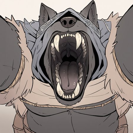 score_9,score_8_up,score_7_up,score_6_up,score_5_up,score_4_up,(mawshot),to1gurq,gurranq \(elden ring\),elden ring,wolf,canid,beast,furry male,male focus,brown fur,fur,<lora:GurranqV2:0.8>,solo,close-up,open mouth,tongue,giant,
