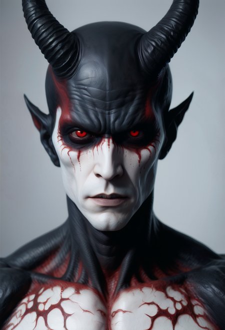 a scary man with black demon eyes stares at the viewer, bright white and dark red background, photo realistic, 4k  
