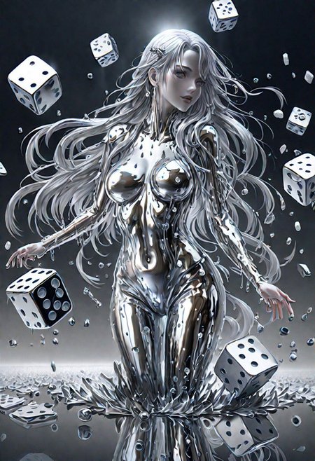 (masterpiece,best quality,ultra-detailed,best illustration:1.3), 1woman,  its raining dice, 1000s of white dice falling from from the clouds, full length metal body, silver liquid metal long hair, casino background,
silver LIQUID METAL