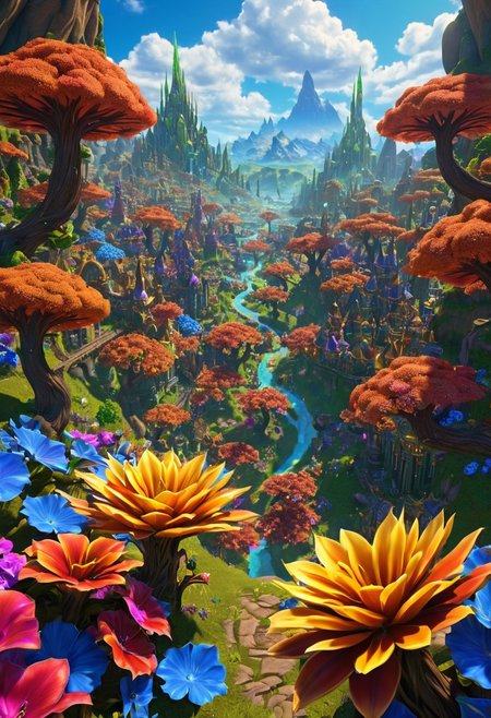 (masterpiece:1.5), unreal 8k wallpaper, unity 8k wallpaper, score 9, score 8 up, score 7 up, masterpiece_portrait, extreme quality, reflection, surface reflection, dynamic lighting, Cinematic style, cinematic quality, ((no humans, no people)), photorealistic, realistic, a spectrum of iridescent colors, precise, fractal design, flowing curves, precision, colorful, fractal geometry, harmonic interference, digital illustration, photo manipulation, altered realities, fantastical scenes, digital artistry, striking visuals, sharp focus, detailed background, light reflection, mythic, fantasy, A huge open valley in Warcraft, in the center of the valley is (massive Warcraft City), the (massive Warcraft City) has been here for a very long time, strange alien foliage has started to grow over it, when  this (massive Warcraft City) was built no one knows it has long been forgotten, beautiful blue skies majestic clouds, strange alien trees dot the landscape, in the sky you can see a massive moons is all inspiring and a little frightening, the valley is also covered in beautiful multicolored flowers and multicolored trees, no life can be seen anywhere, 3D, metallic reflection, massive Warcraft City, the vast World of Warcraft, close up,