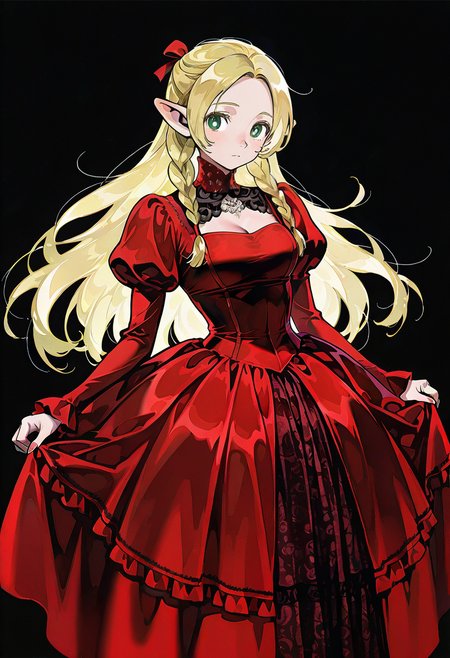 1girl,solo,looking at viewer, ikeda ruriko, gr dress, red dress, long sleeves, bow, ribbon, frills, puffy sleeves, juliet sleeves, marcille_donato