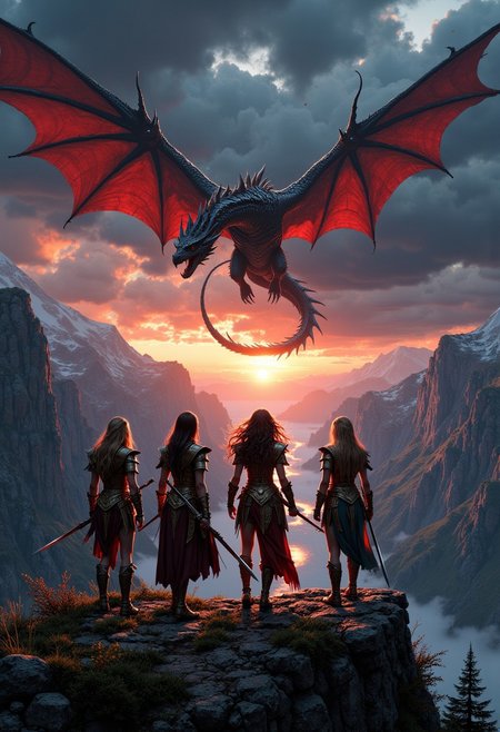 mythp0rt, three stunning warrior women, in bronze armor, armed with swords and spears, in battle stances, face a majestic fearsome dragonswooping towards them, on a mountaintop overlooking a deep gorge, viewed from behind them. Stormy sky, black clouds with shafts of reddish light from a setting sun. Perfect Composition, realistic photographic image, RAW photo highest quality, perfect directional lighting, dynamic, cinematic
