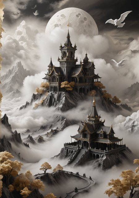 diorama, sky way ghost, over clouds,  on parchment,  Black and White, (brown and gold), trending on ArtStation , intricate details, masterpiece, best quality,  (Epic), <lora:3D_Framed_Wall_Art_-_By_DICE:0.7>, UHD ,<lora:Desolation:0.25>