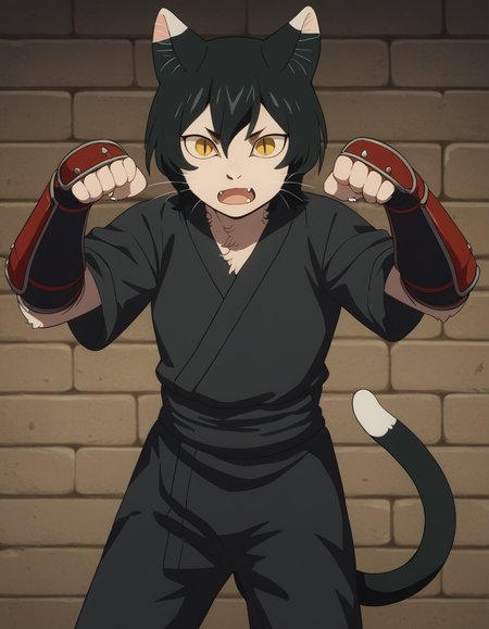 score_9, score_8_up, score_7_up, source_anime, <lora:izutsumi-s1-ponyxl-lora-nochekaiser:1>, izutsumi, black hair, animal ears, tail, yellow eyes, cat ears, cat tail, cat girl, slit pupils,, japanese clothes, gauntlets, ninja, black shirt, black pants,, prison, bars, cells, guards, confined, , <lora:paw-pose-ponyxl-lora-nochekaiser:1>, paw pose, cat ears, cat tail, animal ears, tail, cat girl, open mouth, fang, whiskers,, looking at viewer, solo,, dutch angle, cowboy shot