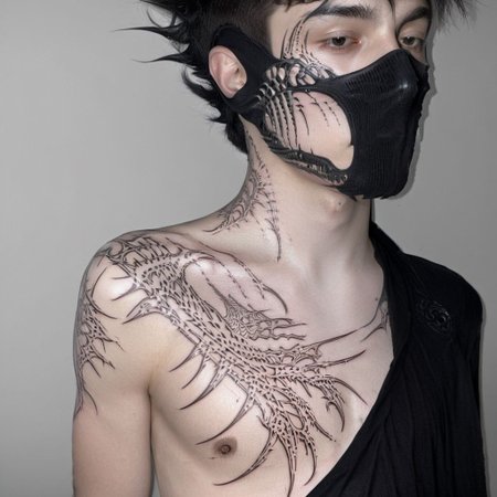 teen boy, young boy, 1boy, child age, messy hair, black hair, white skin, detailed face, detailed skin, black mask on the lower part of the face, in the style of dune, Arrakis, criminal, marauders,
masterpiece, cybersigilism, (neotribal, metallic, bio, giger, tribal tattoo style, tattoo on the body, tattooed, tattoos, cyberpunk:1.3)