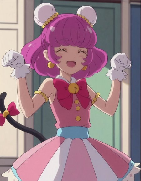 score_9, score_8_up, score_7_up, anime screencap, solo,1girl,mao,   smile, white gloves, pink dress, striped skirt,jewelry, earrings, bow,  sleeveless, bun cover, black cat tail, tail ornament,cowboy shot,closed eyes,blush,paw pose,open mouth,medium breasts<lora:mao:0.8>
