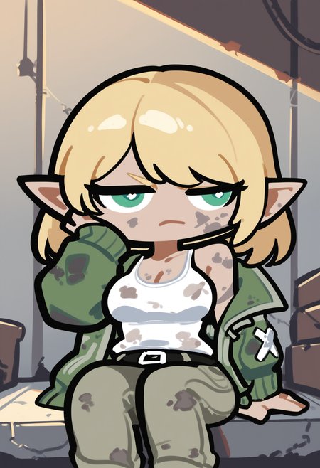 score_9, score_8_up, score_7_up,
solo, cowboy shot, scifi,
1girl, pointed ears, elf, blonde, small eyes, green eyes, medium breasts, medium hair,
cargo pants, tank top, military jacket, breasts outline, dirty, serious, hand on own face,
indoors, sitting,
perfect perspective, looking to the side, 
 <lora:PungsonMoriChibi-style:1>, pungsonmorichibi, chibi,
