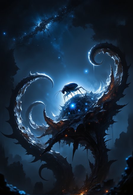 A tiny, firefly-inspired alien insect emitting a soft blue glow, nestled inside a strange, spiraling alien flower under a starry night sky. <lora:Dever_Flux_Enhancer.safetensors:0.5>,  <lora:artisketchyfs-v02.safetensors:0.75>,  <lora:Elden_Ring_-_Yoshitaka_Amano.safetensors:0.8>,  <lora:black_fantasy.safetensors:0.5>,