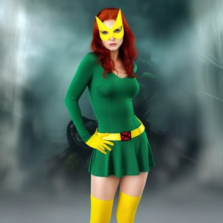 HDR photo of a full body redhead woman wears a green dress and a yellow mask and stockings,  powerfull superhero, sexy poses  <lora:MarvelGirl1024:0.8> . High dynamic range, vivid, rich details, clear shadows and highlights, realistic, intense, enhanced contrast, highly detailed