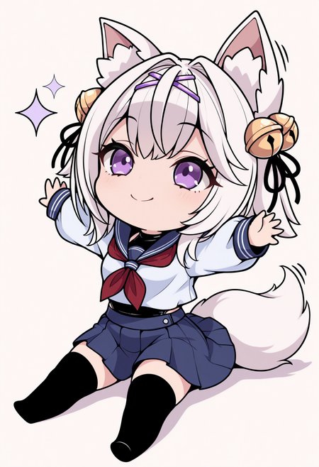 masterpiece, best quality, 1girl, solo, F1l1an2nd, purple eyes, white hair, short hair, hairclip, hair bell, animal ears, fox tail, serafuku, long sleeves, red neckerchief, swimsuit under clothes, black swimsuit, blue skirt, black thighhighs, lineart, sitting, on floor, smile, sparkles, spread arms, chibi, meme, thick lines, simple background, white background, <lora:ChamFilianNoob:1>