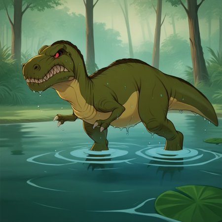 score_9, score_8_up, score_7_up, score_6_up, score_5_up, score_4_up, source_furry, mamarexlbt, feral, female, Tyrannosaurus, dinosaur, green skin, red eyes, wading, pond, wet, snarl, full body,