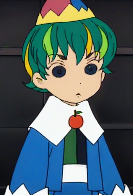 hat, green hair, multicolored hair, long sleeves, short hair, cherry, fruit, 1girl, blonde hair, black eyes,,,,,,,,,,, ,,,,,anime coloring,anime screencap, 1girl,Solo ,, anime,,,,official art, Uncensored ,Unedited ,,,,, ,,,,,,