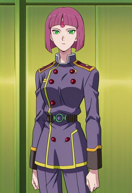 zPDXLx, mur4k4mi-ip,Anime screencap, anime art style, zoids series, zoids chaotic century, hardin, 1girl, tomboy, solo, green eyes, uniform, military, military uniform, short hair, purple hair, pink hair, blunt bangs, bangs, pants, bob cut