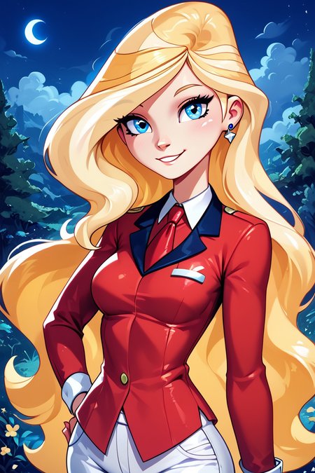 score_9, score_8_up, score_8, medium breasts, (curvy), cute, eyelashes,       ,,, ,  zzSarahWhitney, blue eyes, blonde hair, long hair, red shirt, necktie, white pants,  <lora:SarahWhitneyHorseland_PDXL:1.0>, , BREAK, ,,, upper body, smile, looking at viewer, ,,, shiny skin, <lora:ProAnime_PDXL_v1:0.8>, night, soft shadows, moonlight reflecting off skin, whisper of wind, ,,, embedding:zPDXL, Expressiveh, <lora:SDXLFaeTastic2400:0.5>, <lora:Expressive_H-000001:0.4>,