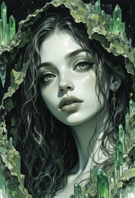 Midjourney_Whisper, A hyper-realistic portrait of a stunning supermodel, featuring a beautifully detailed face with captivating eyes and a serene expression.
 score_9, score_8_up, score_7_up,black and white drawing of a girl , detail in the pallete, realism in the art , representing real world, green crystals in bacground
