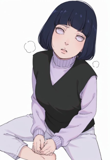 anime screencap, anime coloring,  <lora:DX888HinataBM:1> hyuuga hinata, black hair,  byakugan eyes,  bob cut, turtleneck sweater, purple sweater, black vest capri pants white pants , BREAK simple background, white background, BREAK   1girl, blush, butterfly sitting, feet,  heavy breathing, knees apart feet together, looking at viewer, open mouth, from above, head tilt,