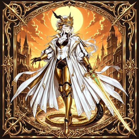  18cera, napoleonera, victorianera, ww1era, retro style, detailed background, high quality background, alone, solo, full body, detailed face, detailed eyes, portrait, character, woman, adult woman, ethereal face, angelic face, otherwordly face, godlike face, adult, glowing green eyes, white hair, ponytail hairstyle, serious expression, serious face,  mechanical body, golden body, steampunk, robotic, mechanical parts, dragon helmet, helmet, medieval helmet, long lizard tail, white coat, angelic cloath, glorious posture, godslayer, moonlight sword, celestial glow sword, celestial glow, bastard sword, holding sword, holding, sky, orange sky, floating, clouds, noon
<lora:RavenScript :1>