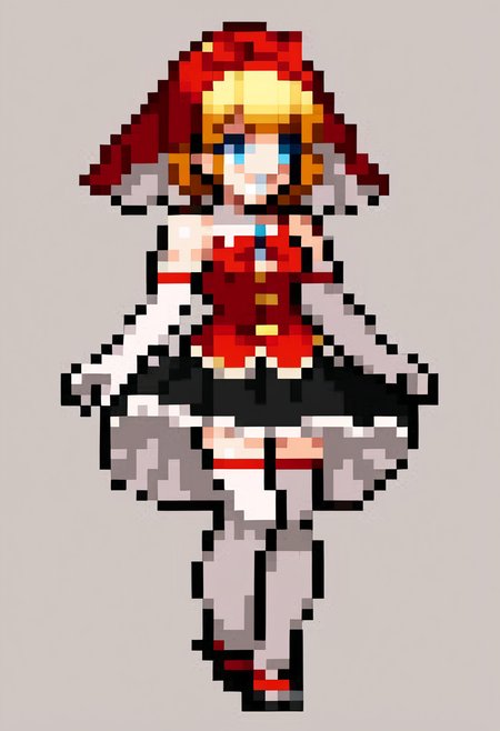 score_9, score_8_up, score_7_up, source_anime, BREAK, solo, 1girl, smile, looking at viewer,  <lora:Leanboox-Sprite-Style-pdxl_Fp:1>, simple background, full body, pixel art, <lora:Idun-pdxl-DoRA_Fp:0.8>, idunnsmt, short hair, blonde hair, blue eyes, veil, red bow, red dress, vest, frilled skirt, white gloves, elbow gloves, white thighhighs, smile, bare shoulders, miniskirt, black skirt,