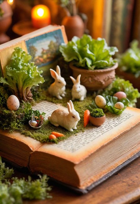 macro photo, close-up view of a hollowed-out book, a miniature world inside, fluffy bunnies, (earthenware teacups:0.7), mossy furniture, tiny carrots and lettuce leaves also some Easter eggs, a cozy scene, (golden light:0.8) bathing the bunnies, (warm colors:0.8), (intricate detail:1)