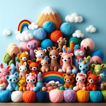 score_9, score_8_up, score_7_up, Yarnworld, rainbow colors, chibi animals, made of yarn, cute design, 
colorful detailed background,